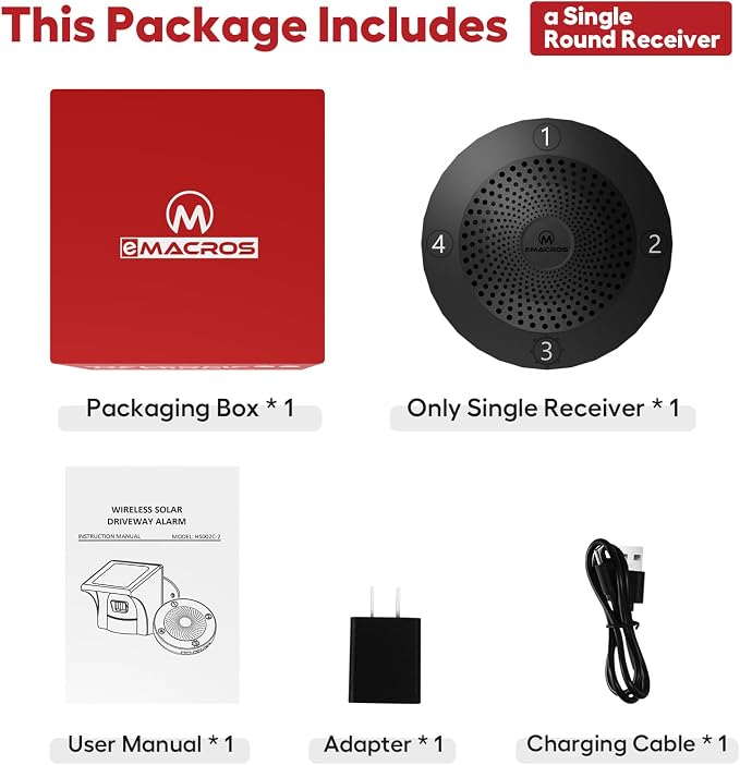eMACROS Single Base Station Long Range Solar Wireless Driveway Alarm & Detector-Security Alert System-Monitor & Protect Outside Property (Incompatible with APP), Plug in to Use