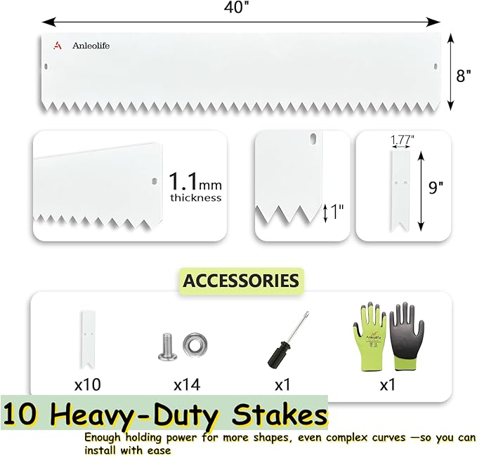 A ANLEOLIFE 20FT Galvanized Steel Landscape Edging, 6-Pack 40" L x 8" H Hammer-in Metal Garden Border with 10 Stakes for Lawn, Pathway, Flower Beds – White