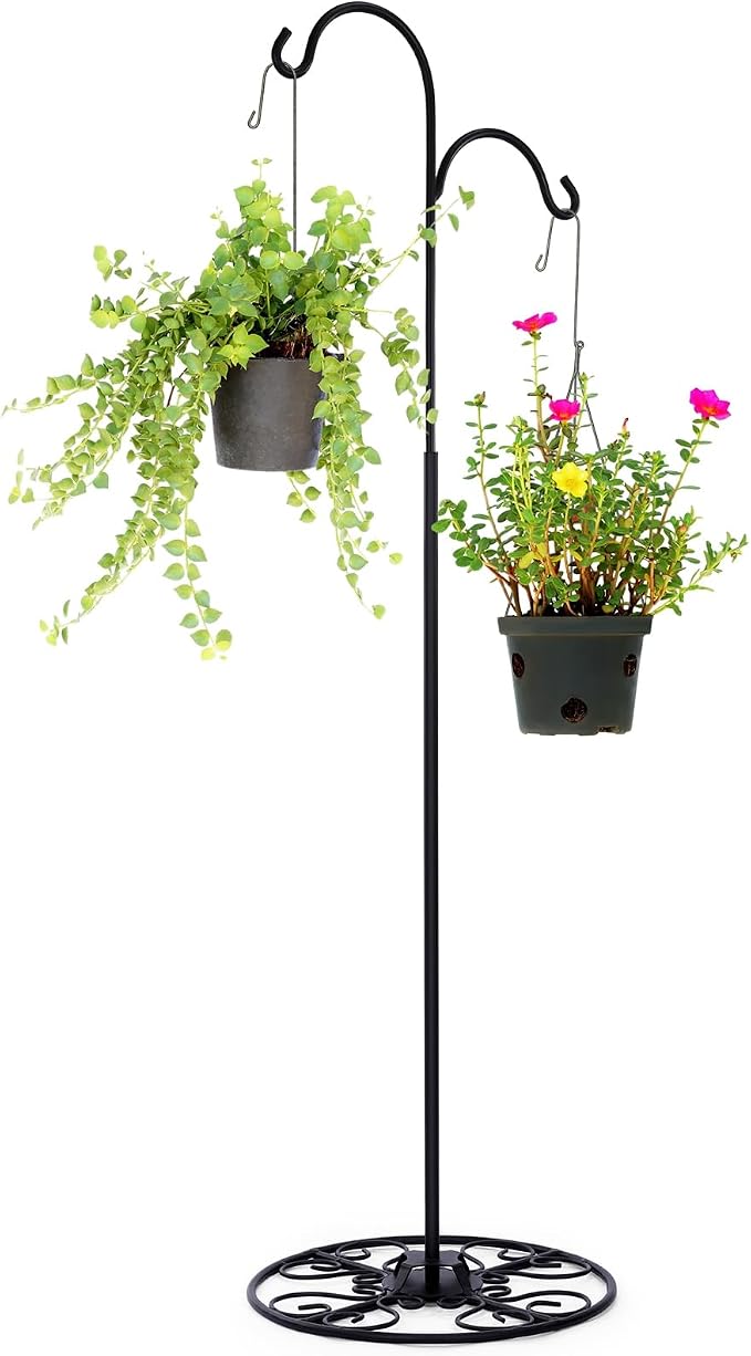 Blulu 34-55 Inch Adjustable Black Iron Shepherd Hook with Base Indoor Outdoor Hanging Plant Stand Bird Feeder Stand Wind Chime Flower Basket for Garden Plants Weddings Event Home Stylish Decor