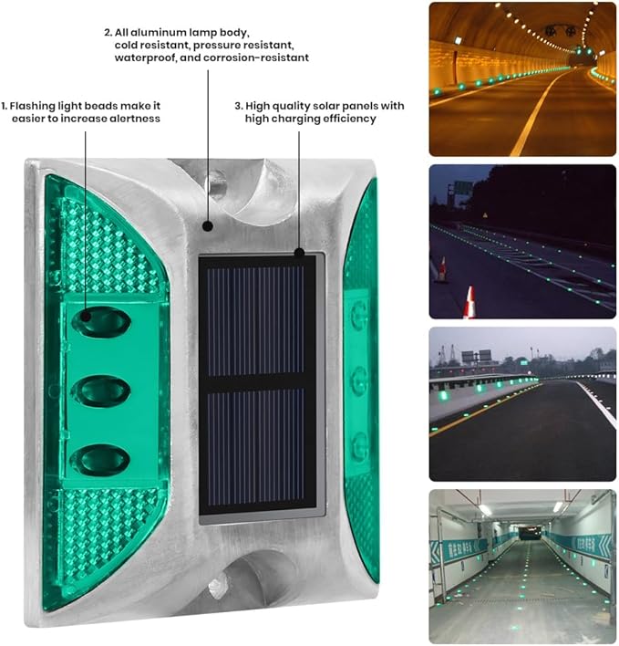 Solar Road Stud, 8PCS Green, LED, IP68 Waterproof, Automatic, Modern Style, 4.13"L x 4.13"W x 0.91"H, Solar Powered, 1.2V, 600mAh Battery