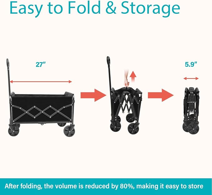 Wagons Carts Foldable,Folding Wagon Cart, Collapsible Utility Wagon with Adjustable Handle, Portable Grocery and Shopping Wagon for Apartment, Park, Sports, Picnic and Daily Use