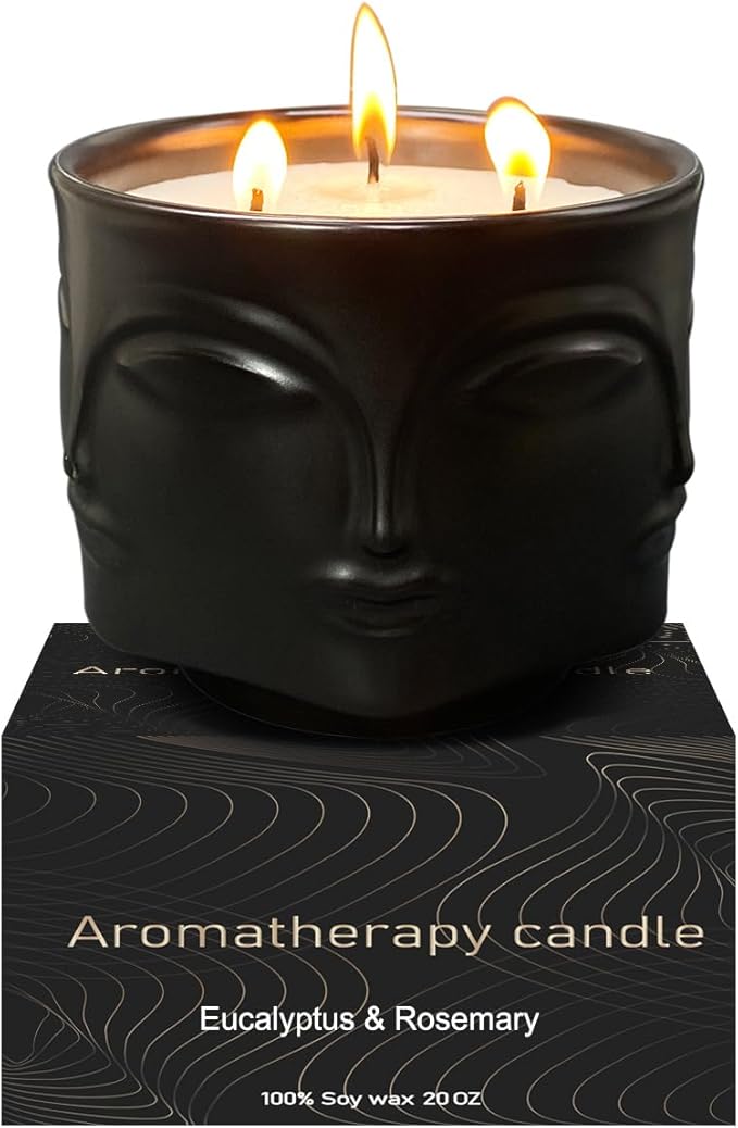 Strong Eucalyptus & Rosemary 3 Wick Black Large Candle, 20oz, Ceramic, Outdoor Scented Candles, 100% Soy, for Home Scented, Yoga, Meditation, Table Decor, Home Decor, Boho Decor, Beautiful Candle Jars