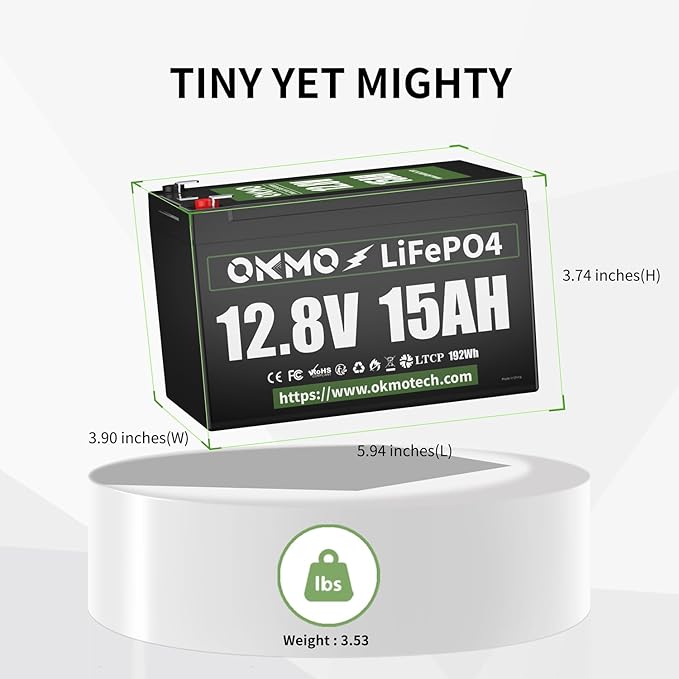 OKMO 12V 15Ah LiFePO4 Lithium Battery 12.8V, 15000+ Deep Cycles rechargeable for Lighting, Kayak Fish Finder, Radio, Backup Power and More