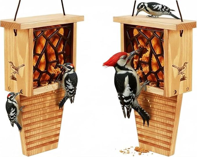 2pk Suet Bird Feeders for Outside Clearance - Suet Cake Feeder for Outdoor - Hanging Birdfeeder for Suets - Hanging Cable Wire Weather Ability Cedar Wood Longterm Lasting
