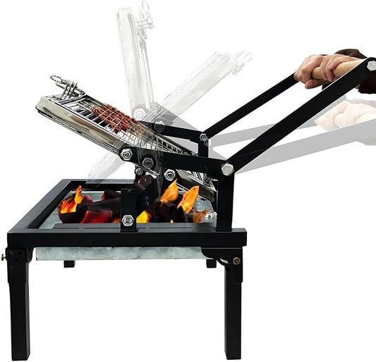 Rotating BBQ Grill, Foldable Flipping Charcoal Grill with 360 Degree Rotating Cooking Grille, Cooking Grill with Adjustable Tray, Suitable for Outdoor Camping Picnicking Backyard Garden Parties