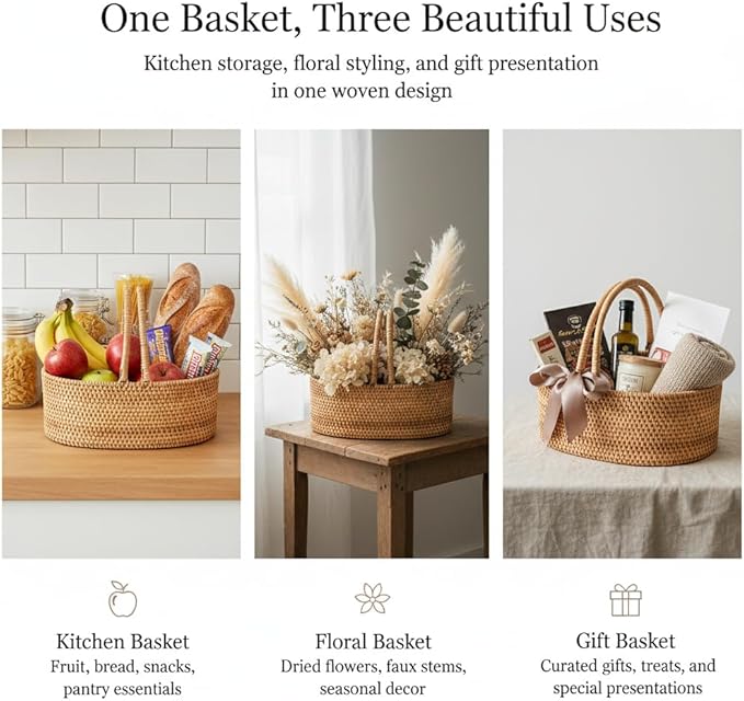 Handwoven Rattan Storage Basket with Handles, Natural Wicker Decorative Basket for Kitchen Counter, Pantry Organization, Floral Arrangement, Gift Packaging & Home Decor