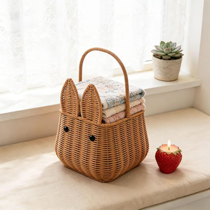 Picnic Basket, Garden Harvest Basket, Wicker Shopping Baskets with Fixed Handle, Reusable Handwoven Market Baskets for Carrying Shopping Storage Gathering (Brown, Bunny Ears)