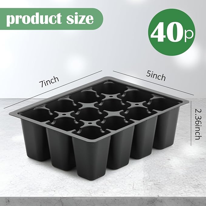 RooTrimmer 40 Pack Reusable 12-Cell Seed Starter Tray, Plant Starter Trays with Large Drainage Holes for Seed Germination, Easy to Repotted, Fits Standard 1020 Flats and TD377 Trays, Black