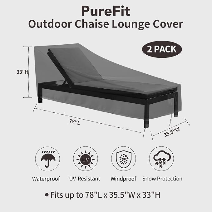 PureFit Outdoor Chaise Lounge Cover, Lounge Chair Covers Waterproof Patio Furniture Lounge Chair Cover, UV Resistant & Weatherproof, 2 Pack, 78"L x 35.5"W x 33"H Inches, Black