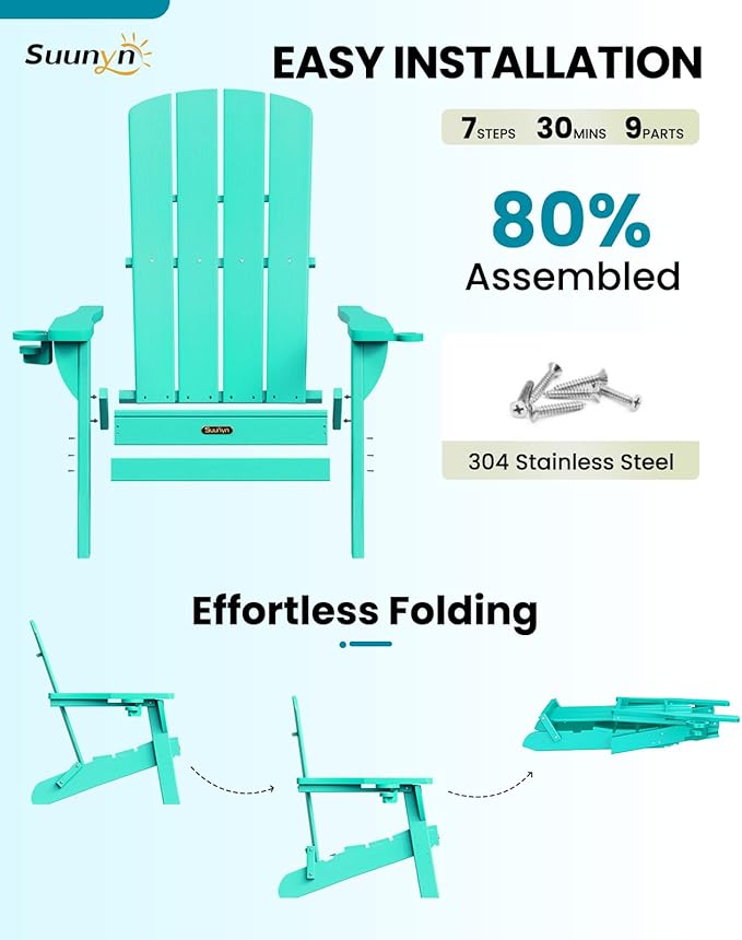 Folding Adirondack Chair 4 Pack, HDPE All-Weather Fire Pit Chairs, Plastic Adirondack Chairs with 2 Cup Holder, Outdoor Lawn Chair for Patio Garden (Lake Blue)