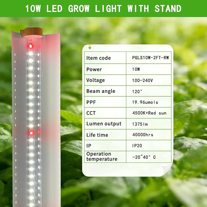 10W Grow Light Stand Kit for Indoor Plants, 2ft Plant Grow Rack with Full Spectrum, Enhanced Red Light for Flowering, Height Adjustable Iron Bracket, on and Off Switch