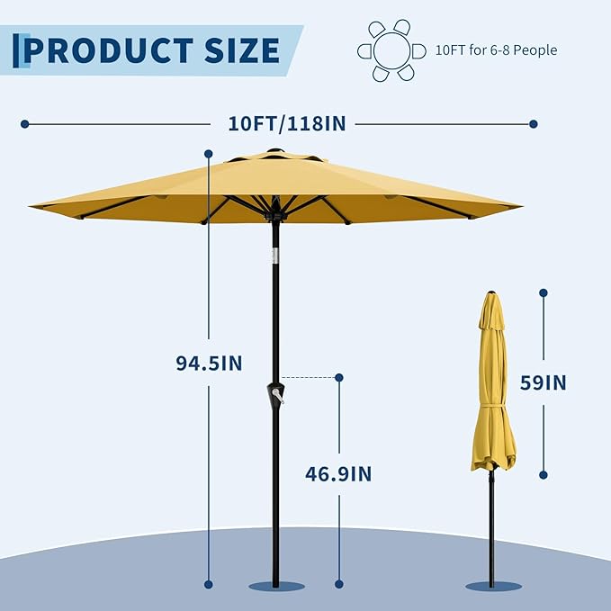 GarveeLife 10FT Umbrella Outdoor Patio, Table Umbrella with Push Button Tilt and Crank, 8 Sturdy Ribs Waterproof UV Protection for Garden, Pool, Deck, Backyard, Market (Yellow)