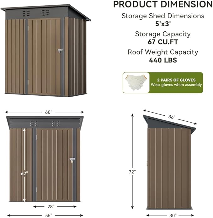 COMHOMA Shed Outdoor Storage Shed Metal,Lockable Doors Tool Sheds with Sloping Roof,Steel Garden Shed with Air Vent for Backyard,Patio,Lawn,Poolside(Brown,5'*3')