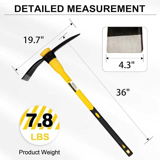 Nohovu Pickaxe with Shock Absorbing Fiberglass Handle, Heavy Duty Forged Steel Pick Axe for Digging, 36 Inches (406SB)