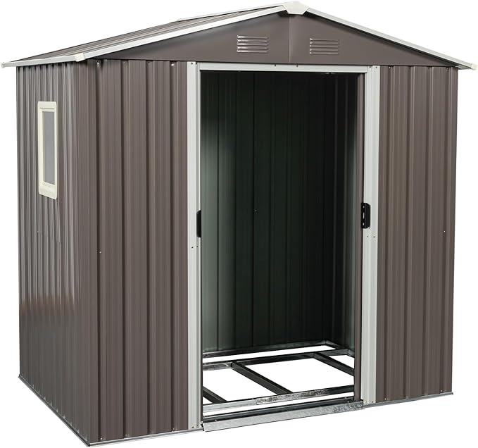 6FT x 5FT Outdoor Storage Shed, Heavy Duty Galvanized Steel Garden Shed with Sliding Lockable Doors, Punched Vents & Foundation Kit, Weather Resistant Metal Tool Shed for Backyard,Gray with Window