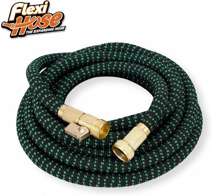 Flexi Hose with 8 Function Nozzle, 75FT - Lightweight Expandable Garden Hose, No-Kink Flexibility, 3/4 Inch Solid Brass Fittings and Double Latex Core - Green