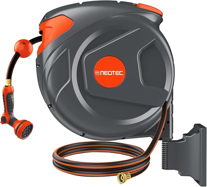 100FT Retractable Garden Hose Reel 1/2 Inch with 9-Pattern Nozzle - Automatic Slow Return & Any Length Lock, Wall Mounted Heavy Duty Hose Reels for Outside, 180° Swivel UV Resistant