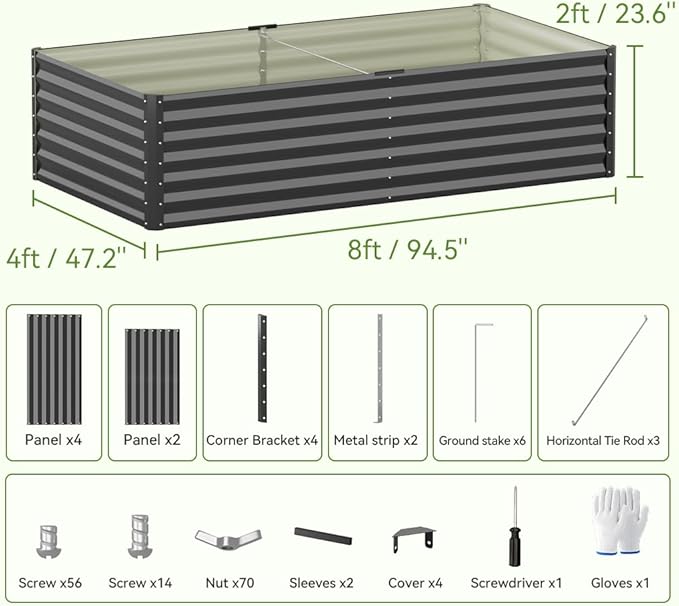 COMHOMA Raised Garden Bed 8x4x2ft,Galvanized Metal Planter Box Kit for Outdoor Gardening,Large Vegetable Flower Growing Beds with Gloves Tools,Black