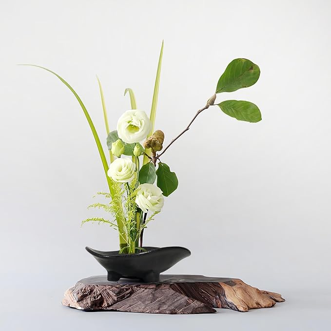 WEOPYCJ Japanese Flower Vase Bowl Ikebana, Black Shallow Arrangement Container with 1.69 in Floral Frog Floristry Kenzan and Needle Straightening Tool