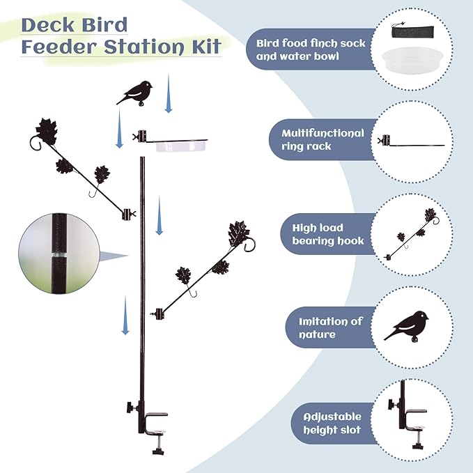 ERYTLLY Deck Bird Feeder Station Kit, Wild Bird Feeding Station for Outside Hanging Plants Holder Deck Pole Porch Multi-Hook Bird Feeder with Water Bowl for Attracting Birds