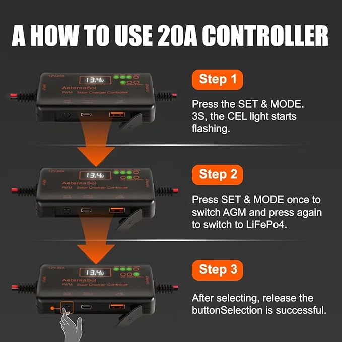 Solar Charge Controller 12V 20A, Solar Panel Charge Controller with Type-C and USB Output for Solar Panel and Gel, AGM, LiFePO₄ Battery (20A PWM)