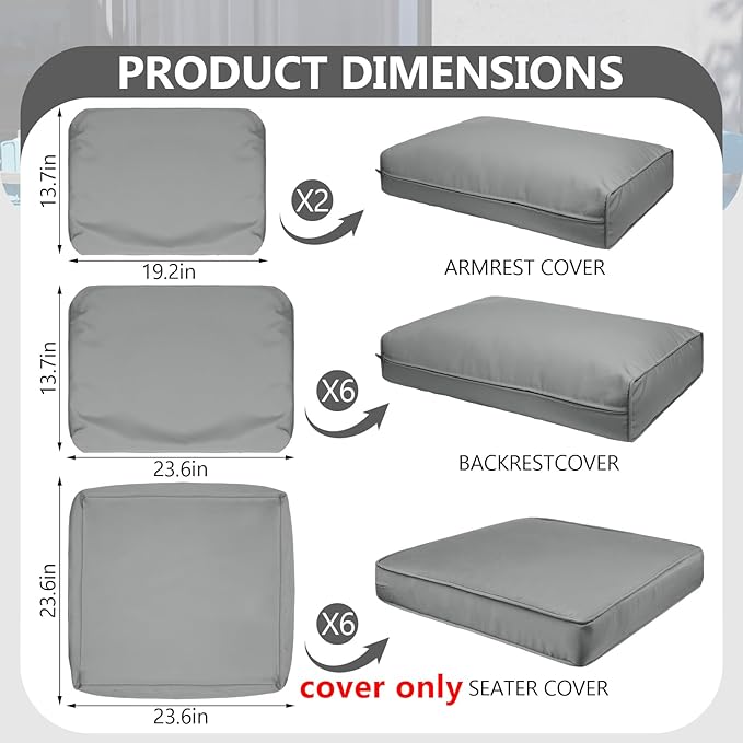 14 Piece Outdoor Patio Waterproof Cushion Covers, Fits 6-Seat Wicker Rattan Sectional Couch Chair Furniture Cover Replacement Set - Fade-Resistant Patio Cushion Covers with Zipper