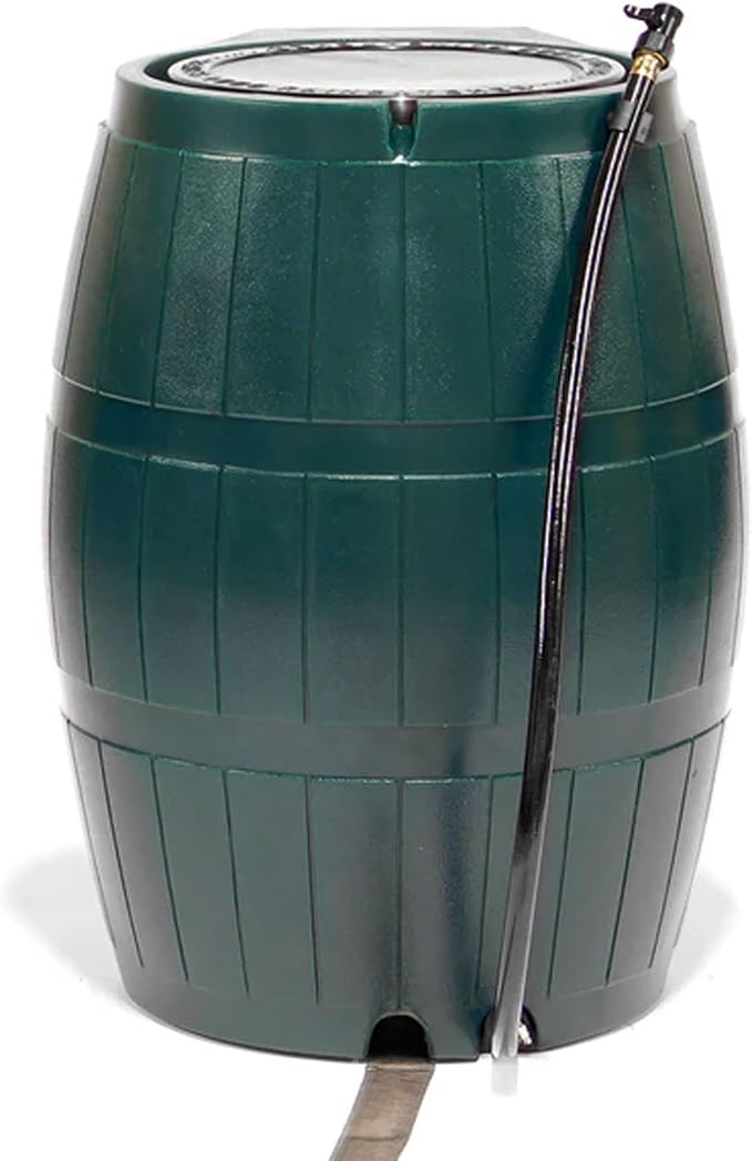 FCMP Outdoor Raincatcher, Flat-Back Rain Barrel with Spigots, 50 Gallon, Green