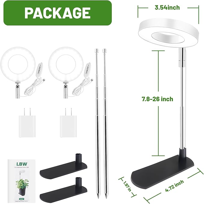 LBW Grow Light for Indoor Plants, Height Adjustable Plant Grow Lamp with Auto On/Off Timer 6/8/12/16H, 3 Colors,5 Dimmable Brightness, for Small Plants, White, 2 Packs