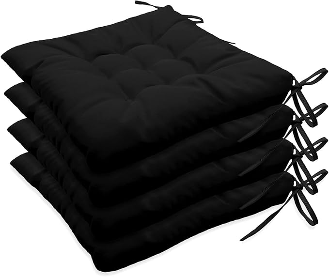 Outdoor Indoor Tufted Chair Cushions, Seat Cushions with Ties, Chair Pads Waterproof for Porch Kitchen Office Garden Black 16" x 16", Set of 4
