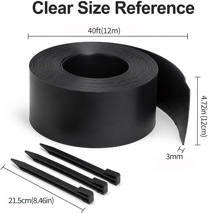Flexible Landscape Edging Coil, 5IN x 40FT, 24 Spikes | PE Material, Garden, Yard, Pathway, Flower Beds, No Digging, Curved Edges & Mulch Retention, Weather Resistant Garden Border