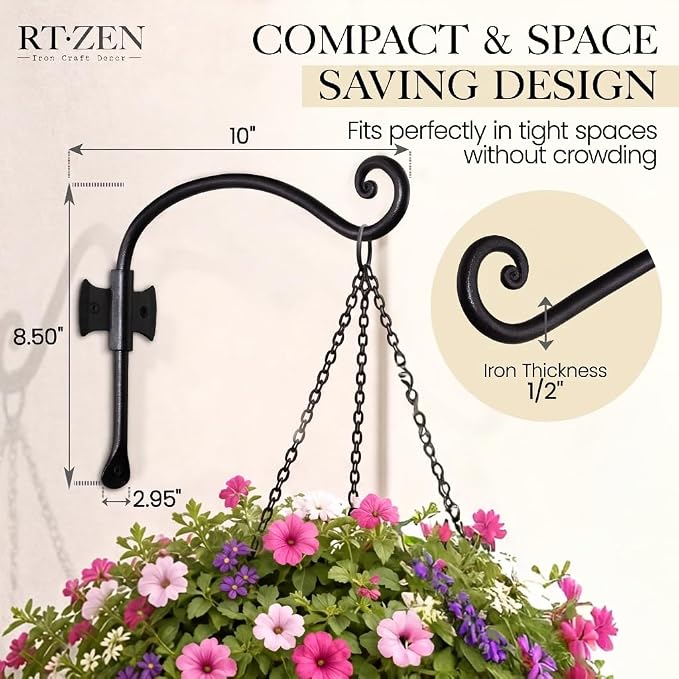 RTZEN Plant Hangers Outdoor or Indoor - Wrought Iron Metal Hanger Indoor Hook - Heavy Duty Wall Bracket Hooks for Hanging Plants Baskets Lanterns Bird Feeders - 2 Pack (Black Axe-Shape Hooks 10")