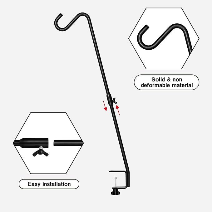 FEED GARDEN 2 Pack 29 Inch Adjustable Deck Hook,Solid Steel Deck Hangers for Bird Feeders,Lanterns, Flower Basket and Suet Baskets with Clamp,Black