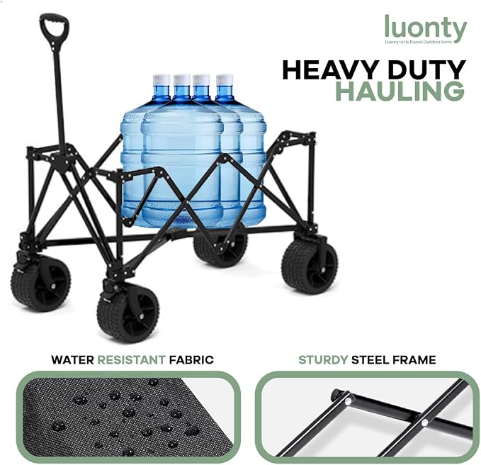Collapsible Utility Wagon Cart, Heavy Duty Folding Garden Cart with Wheels, Black Steel Frame, 150 L Capacity - 330 LB Capacity