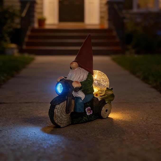 Solar Powered Garden Gnome on Motorcycle with Frog and Crackle Glass Globe, Outdoor LED Light Decor for Patio, Lawn, Yard, and Garden (Red)
