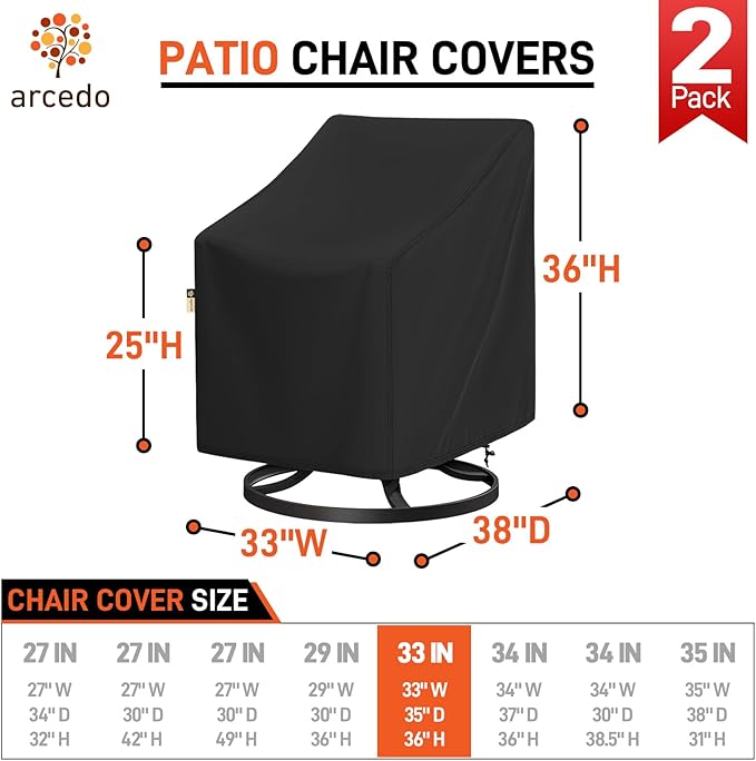 Arcedo Patio Chair Covers Waterproof 2 Pack, Outdoor Lawn Arm Lounge Chair Cover for Outdoor Furniture All Weather Protection - 33" W x 35" D x 36" H, Black