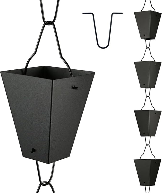 TE DEUM Square Link Rain Chain, 8.5 Feet Length, 3.7inch Big Size Cup, Black Powder Coated, Functional and Decorative Replacement for Gutter Downspouts, V Gutter Clip Included, Black