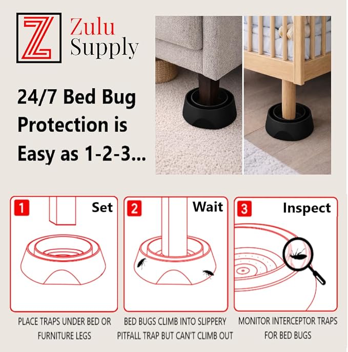 Bed Bug Interceptor Traps – Black 12-Pack Passive Monitor & Detection Trap – Universal Fit for Bed & Furniture Legs – Reusable Non-Climbable Wall Pest Control Protection (Black 12-Pack)