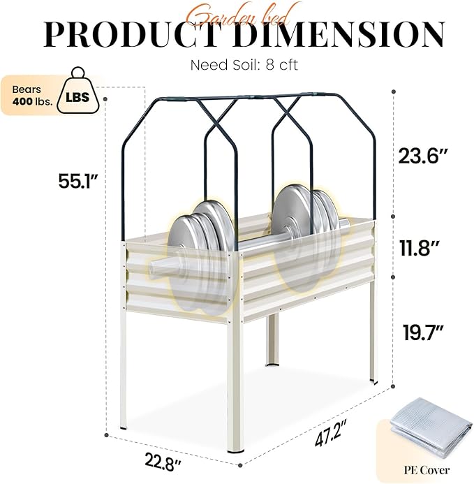 King Bird Large Raised Garden Bed with Cover Galvanized Elevated Planter Box with Legs 48×24×56 in for Backyard, Patio, Balcony, 400lb Capacity, Beige