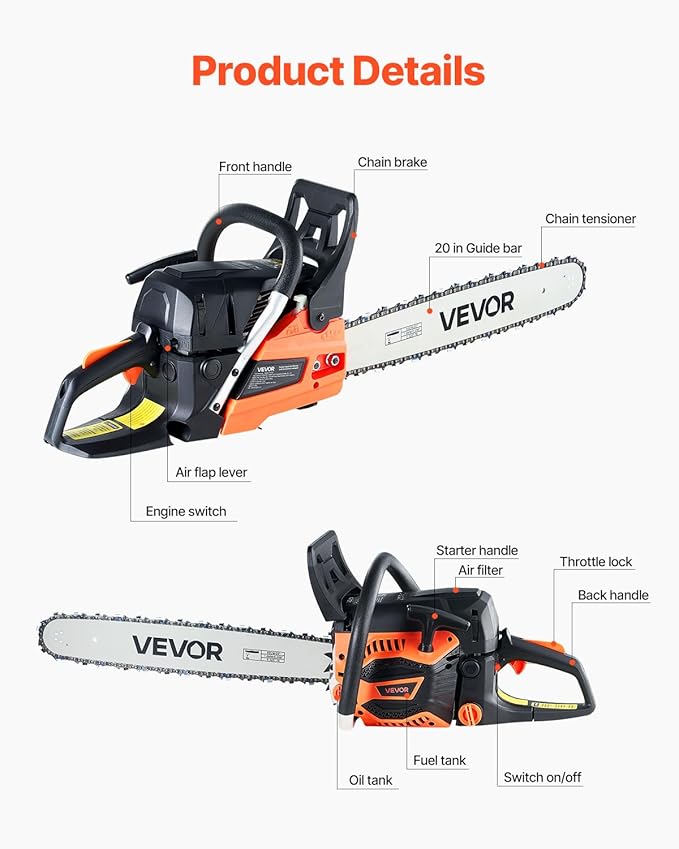 VEVOR 20inch 62CC Gas Powered Chainsaw, 3.8 HP 2 Stroke Engine Gas Power Chainsaws with Non-Slip Handle, Gas Chainsaws with Dual Fuel Tanks, For Wood Cutting, Tree Trimming, and Land Clearing