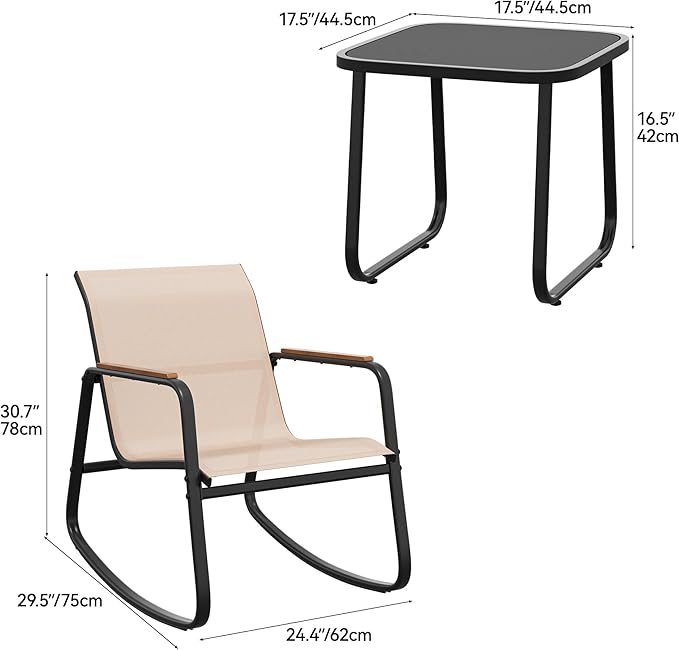 YITAHOME 3 Piece Rocking Bistro Set, Outdoor Patio Furniture Set with Wooden Armrests, Porch Chairs Set with Glass Table for Lawn, Garden, Balcony, Poolside, Beige