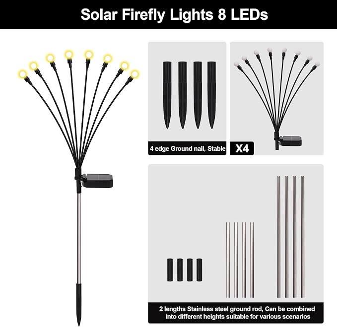 Firefly Lights Solar Outdoor, 8 Modes 800mAh Swaying Solar Firefly Garden Lights Stakes Outdoor Waterproof for Outside Yard Patio Plant Christmas Holiday Garden Decor Warm White(4 Pack)