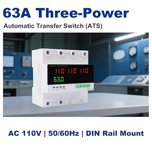 63A 110/120V Triple Power Automatic Transfer Switch,Automatic Switching Between Utility Power、Generator and Inverter,Overcurrent Protection,Overvoltage and undervoltage Protection