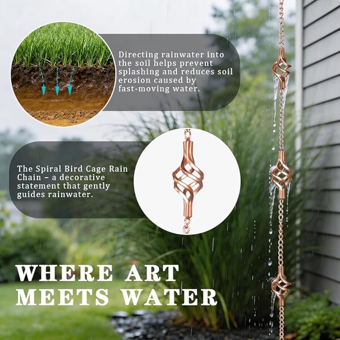 8.5FT Rain Chains with Spiral Bird Cage Rain Chain Cups, Rain Catcher for Gutters, Decorative Copper Rainwater Diverter Rain Chimes for Garden Decor,Replacement for Outside Gutter Downspouts in Summer