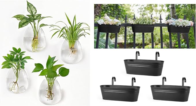Dahey 3 Pcs Metal Hanging Flower Pots and 4 Pcs Glass Wall Mounted Vases for Indoor Plants Home Office Garden Yard Wall Decor