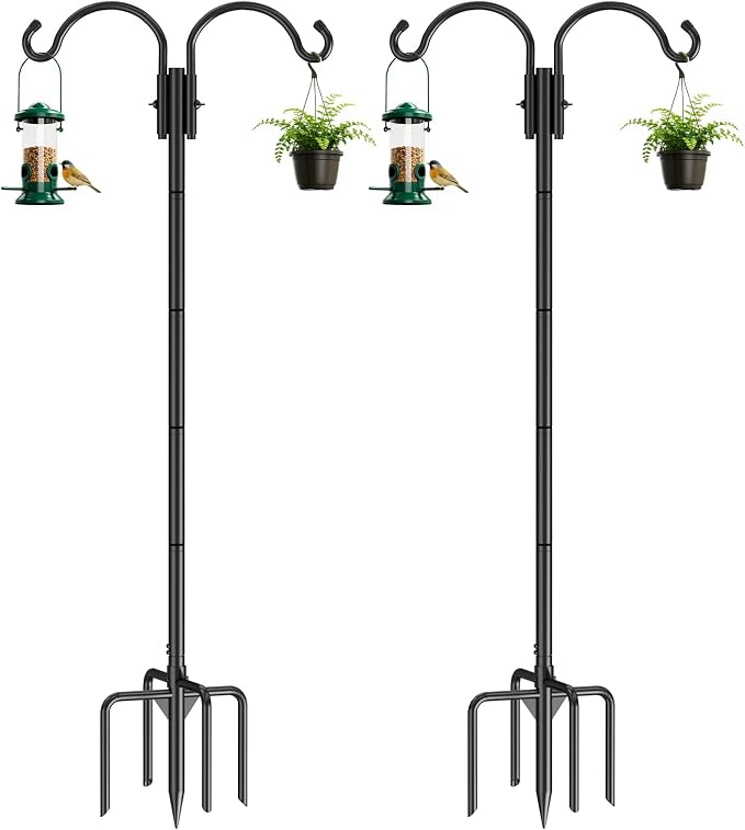 GOFORWILD Double Shepherds Hook for Outdoor, with 5-Prong Base, 84inch Adjustable Metal Bird Feeder Pole for Hanging Bird Nest, Plant Basket,Lantern,Solar Light 2 Pack