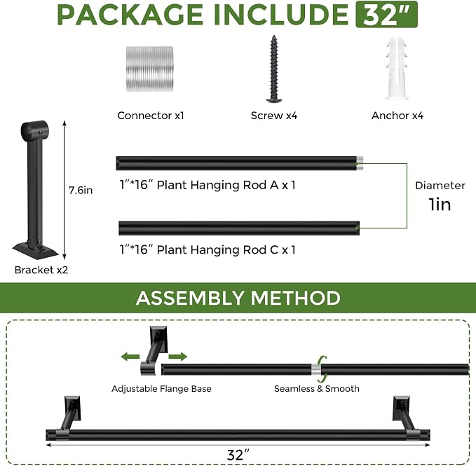 Window Plant Hanger for Indoor Plants, 32 Inch Hanging Plant Rod, 1 Inch Diameter Metal Rod, Hanging Plant Holder for Window Wall, Matte Black, Square Flange Base, Pots Not Included