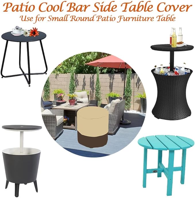 Patio Cool Bar Side Table Cover for Keter 7.5 Gallon Cool Bar Waterproof Patio Cooler Bar End Table Cover for small Outdoor Side Tables (Round, 21" Dia x 23" H), Beige