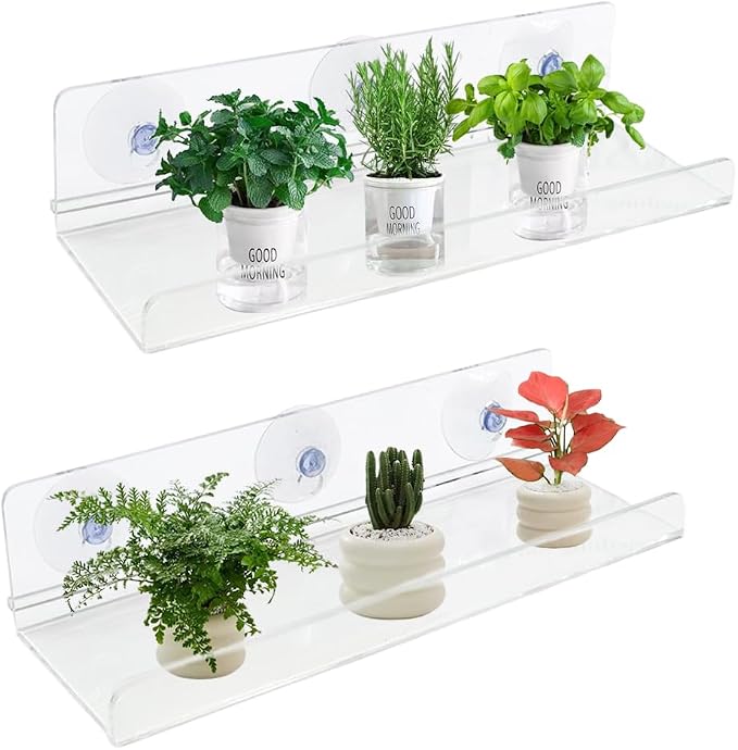 2 Pack Ledge Suction Cup Window Shelf 12 Inch Acrylic Window Box Shelf for Plants Indoor Hold Window Planter Succulents Flowers or Herbs