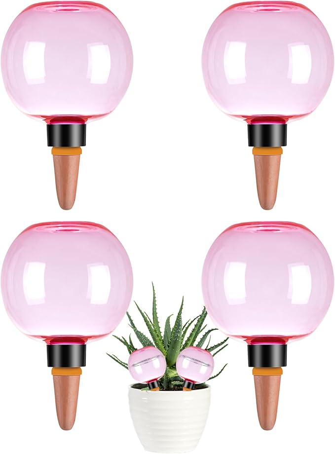 4 Pack Self Watering Globes 17oz Large Plant Watering Globes Top Fill, Self Water Planter Insert Indoor/Outdoor Plastic Water Bulbs Slow Release Terracotta for Plants, Pink