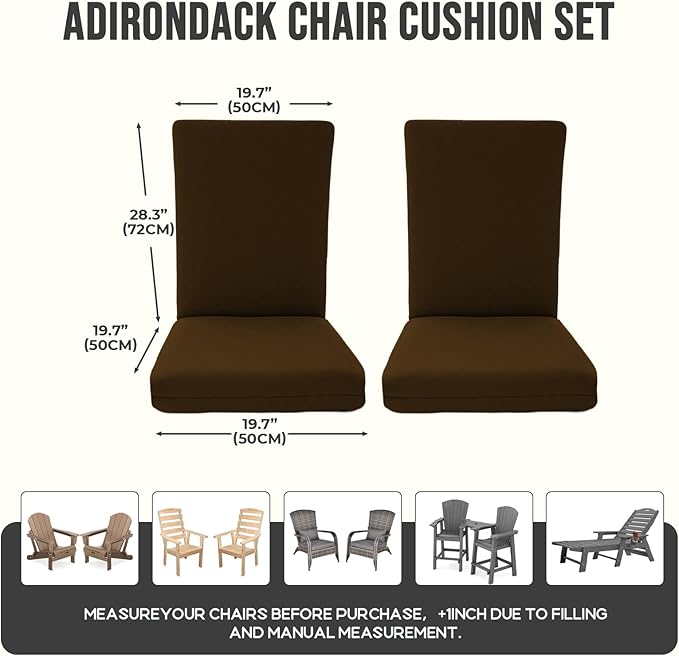 2 Pack Adirondack Chair Cushions, Waterproof & Fade-Resistant Outdoor Rocking Chair Cushion Set, Removable Seat Pads with Ties for High Back Dining or Patio Chairs, Brown